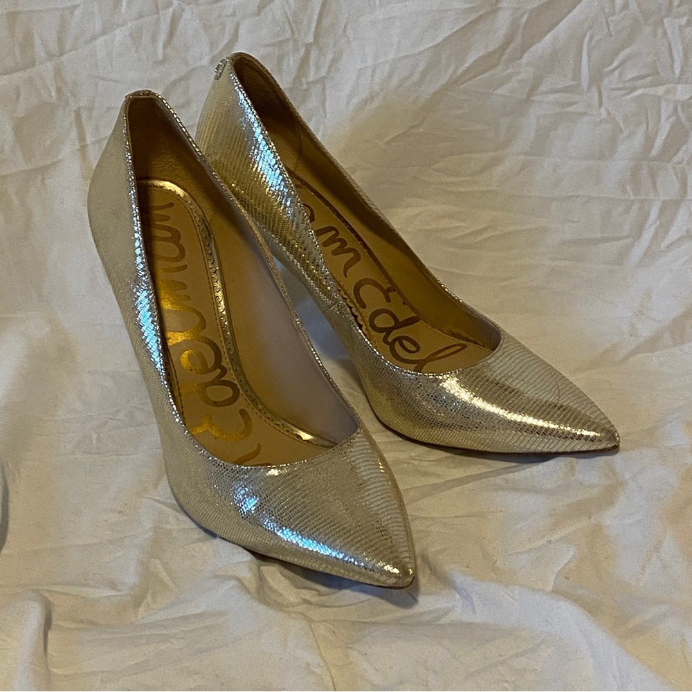 Sam Edelman Hazel Pointed Toe Pump Gold Leaf Leather Stilettos
